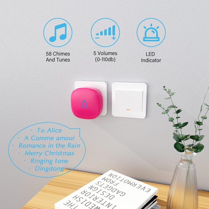 SECRUI Wireless Doorbells for Home, Classrooms, Apartments, Businesses, etc. Easy to Use, Adjustable Volume, 58 Chimes, Colorful LED, Waterproof, 1000Ft Range, M520+F55, Rose Red - Image 2